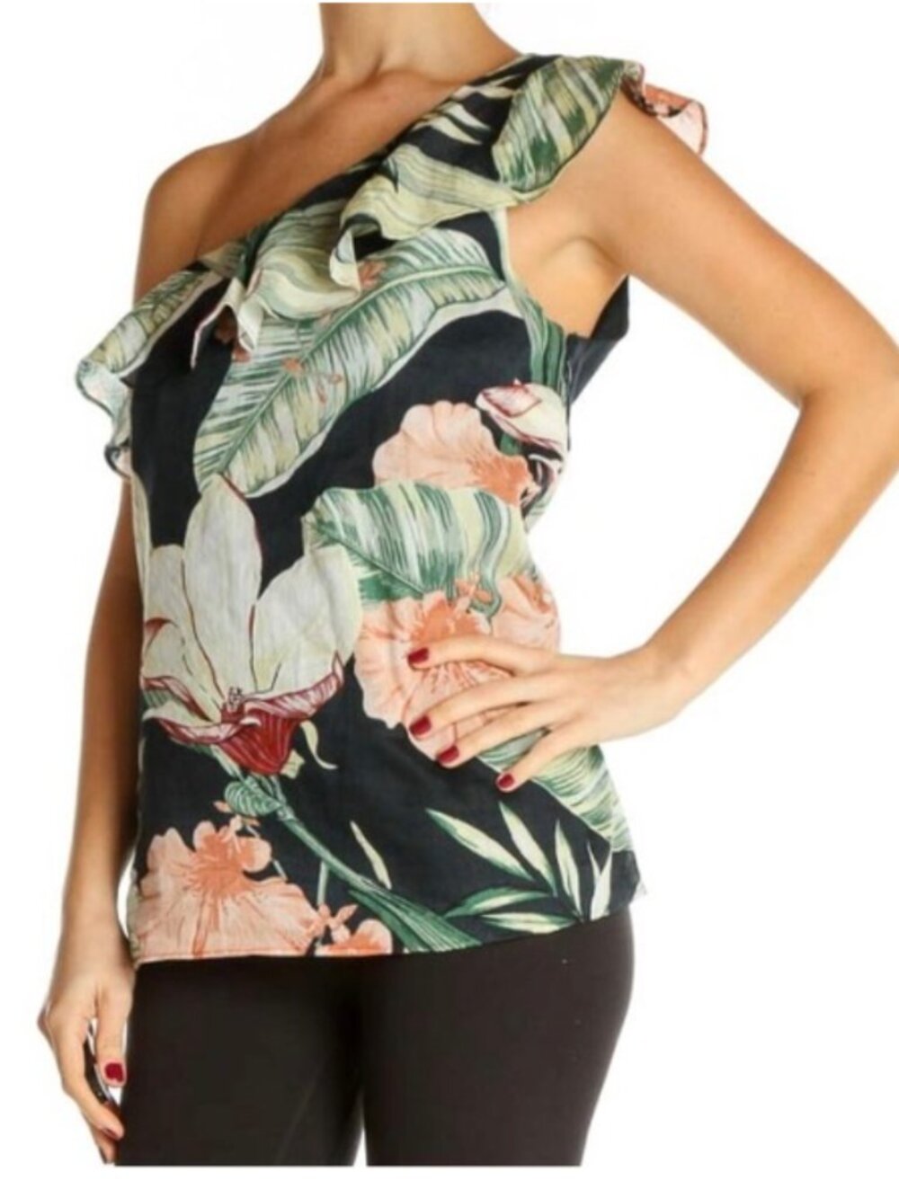 Ann Taylor Navy Tropical Floral One Shoulder Ruffle Top - XL